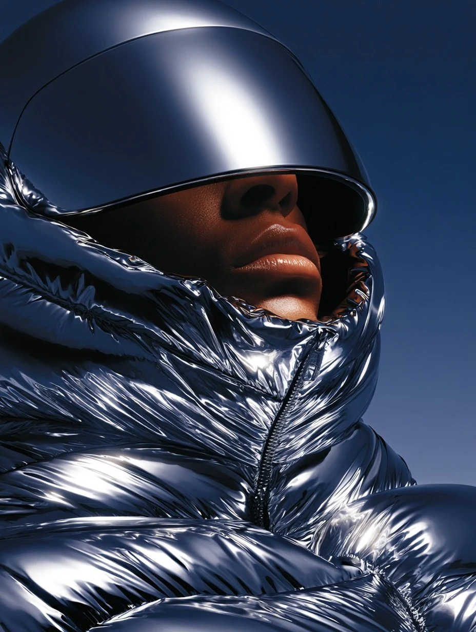 Metallic silver puffer jacket with reflective hood