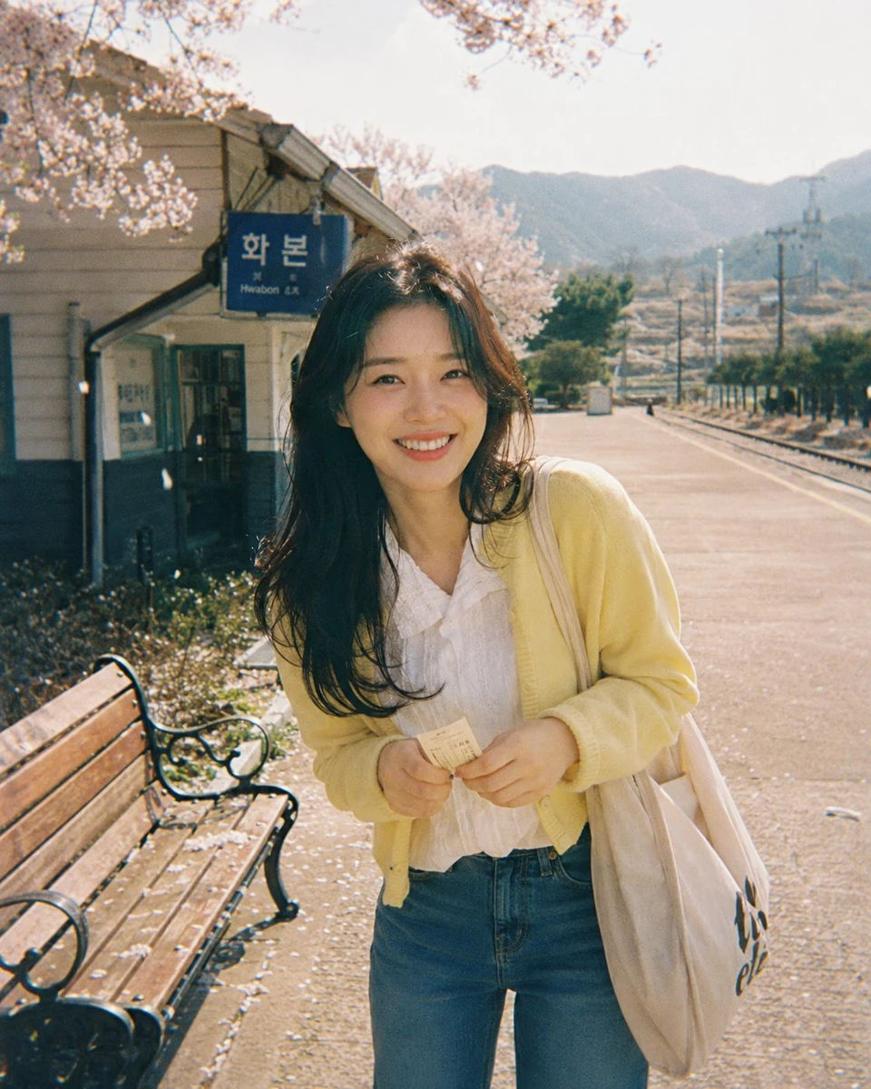 joyful korean woman at rural spring station with