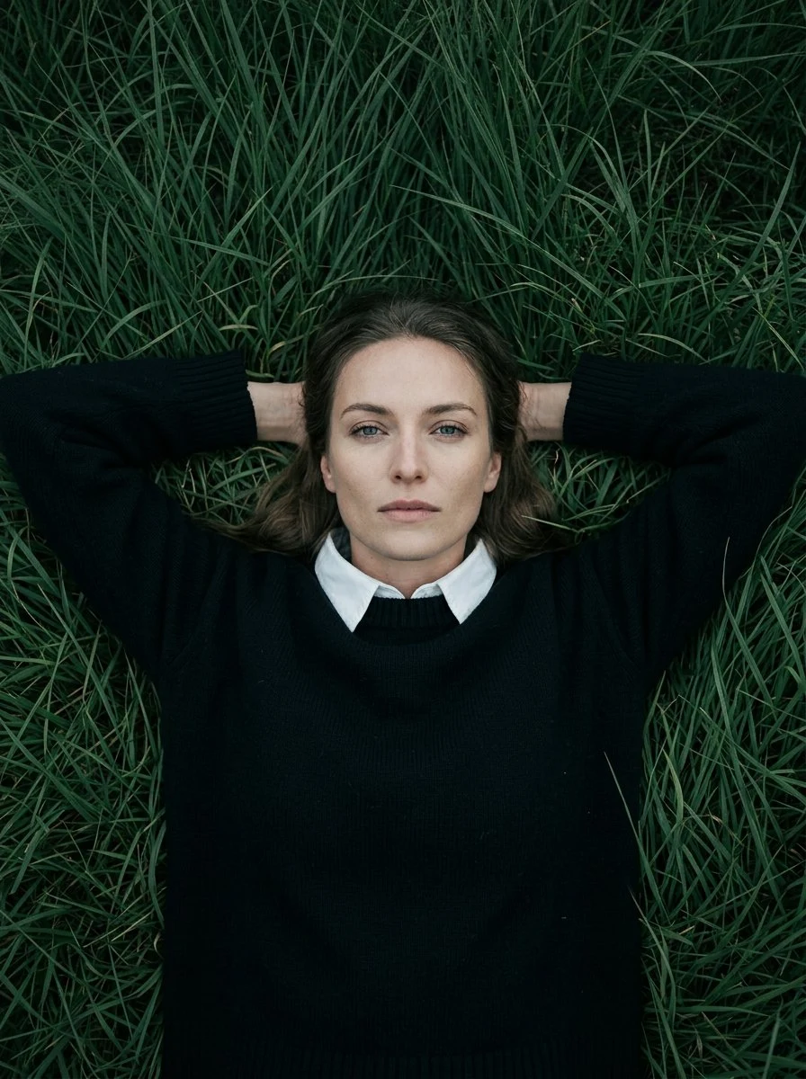 Woman Lying in Green Grass with Arms Behind Head