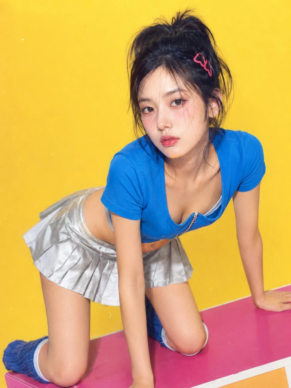 Korean Y2K female model in blue crop top and silver