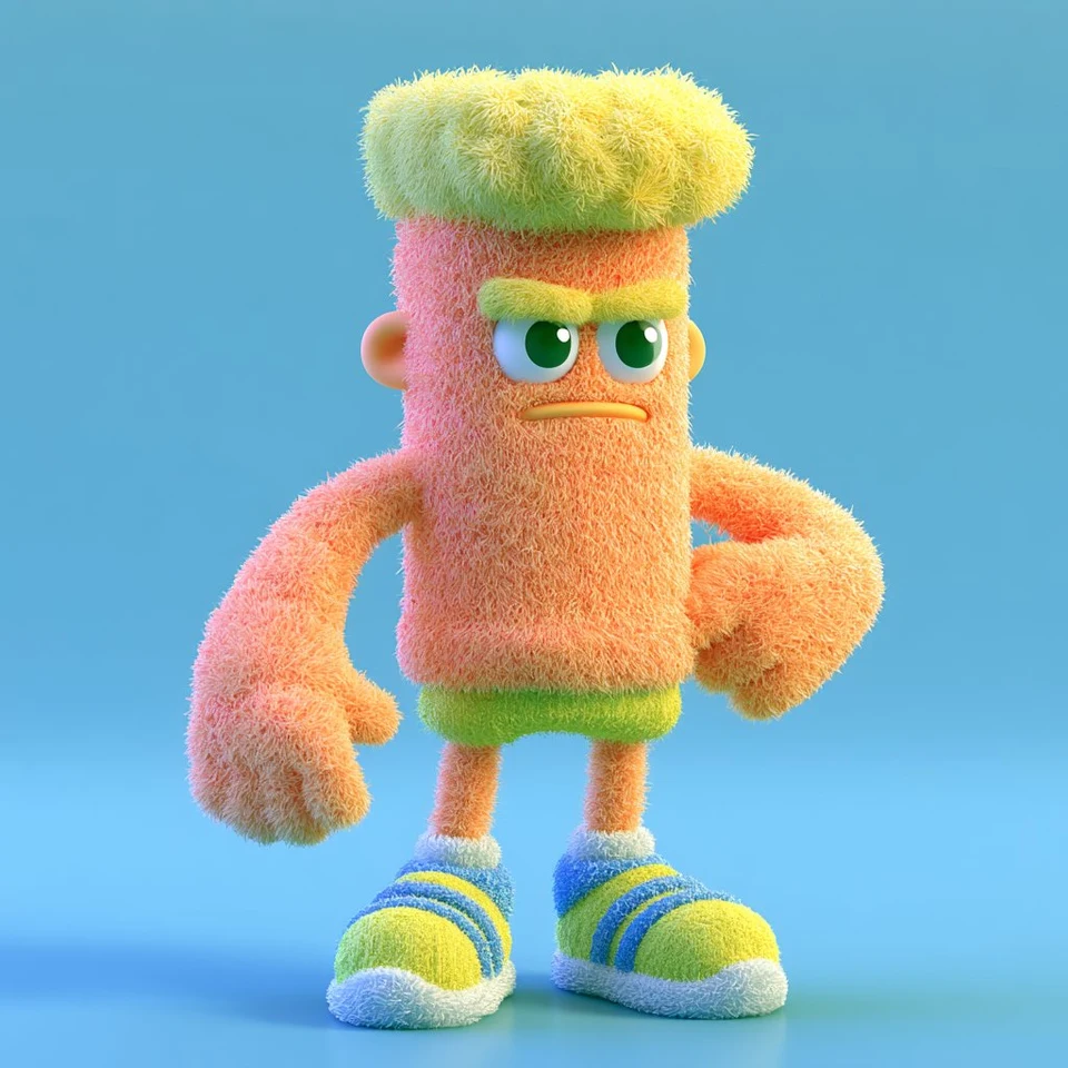 furry cartoon monster with angry expression on blue