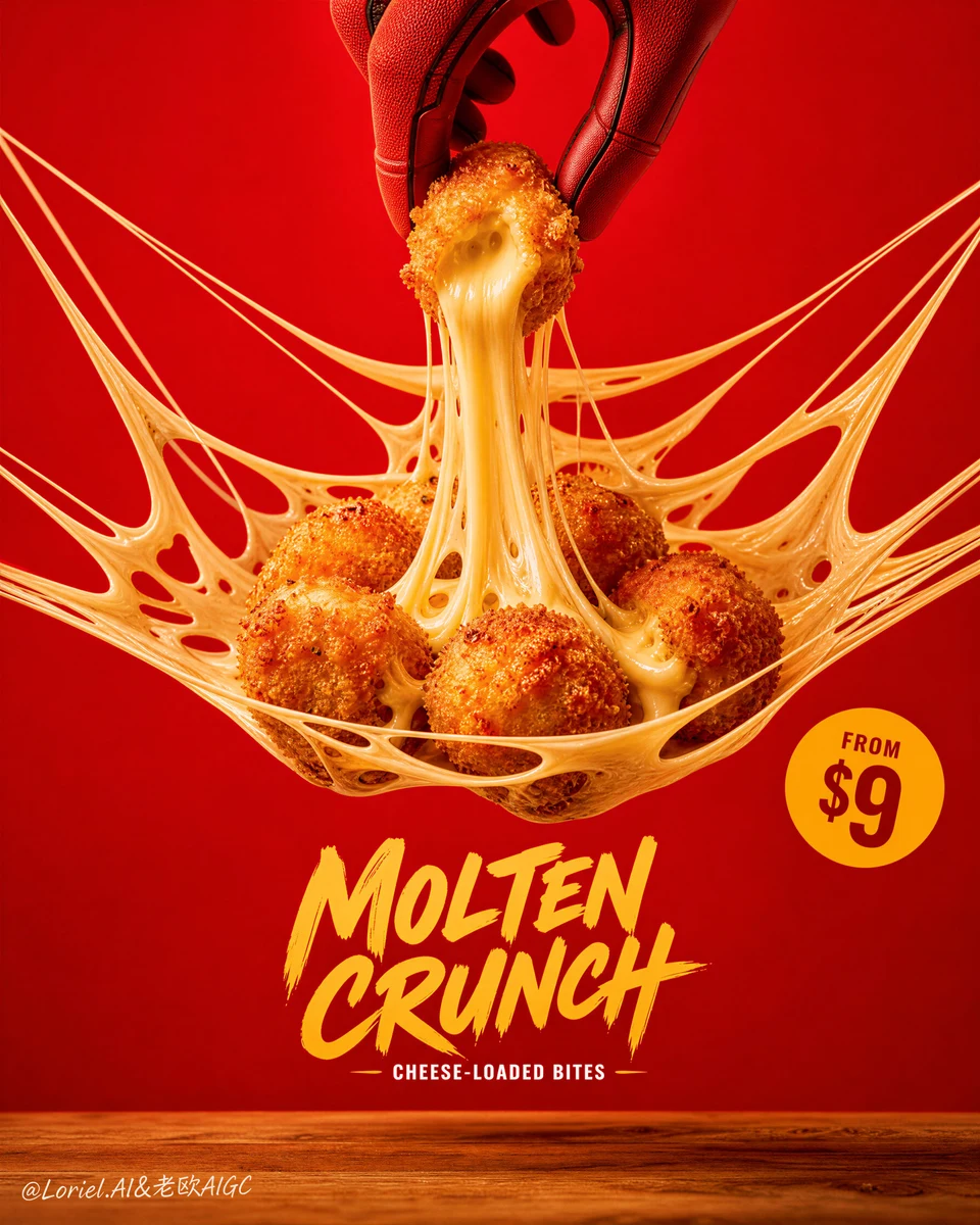 Crispy fried cheese chicken bites in molten web