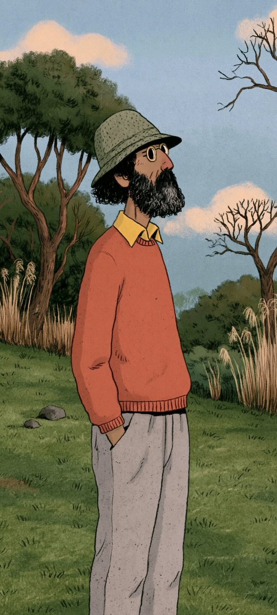 Illustrated bearded man in hat standing in a grassy