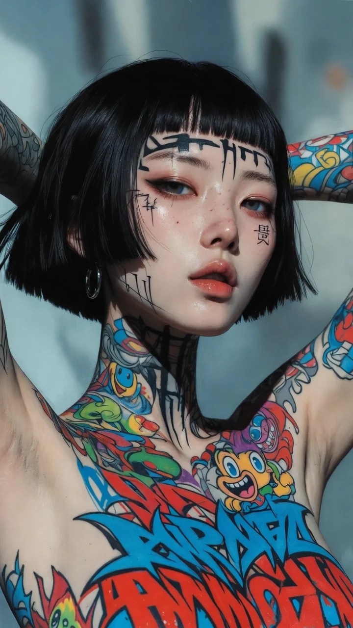 close-up portrait of tattooed asian woman with