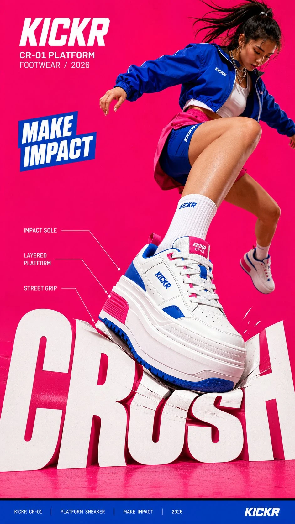 Female model crushing platform sneaker in bold