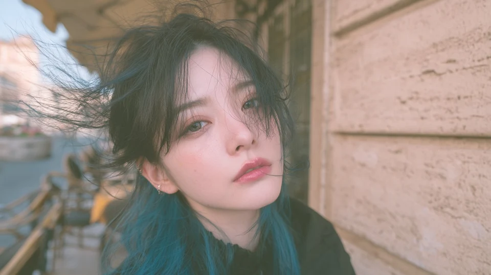 Blue-haired Asian woman windblown portrait Rome
