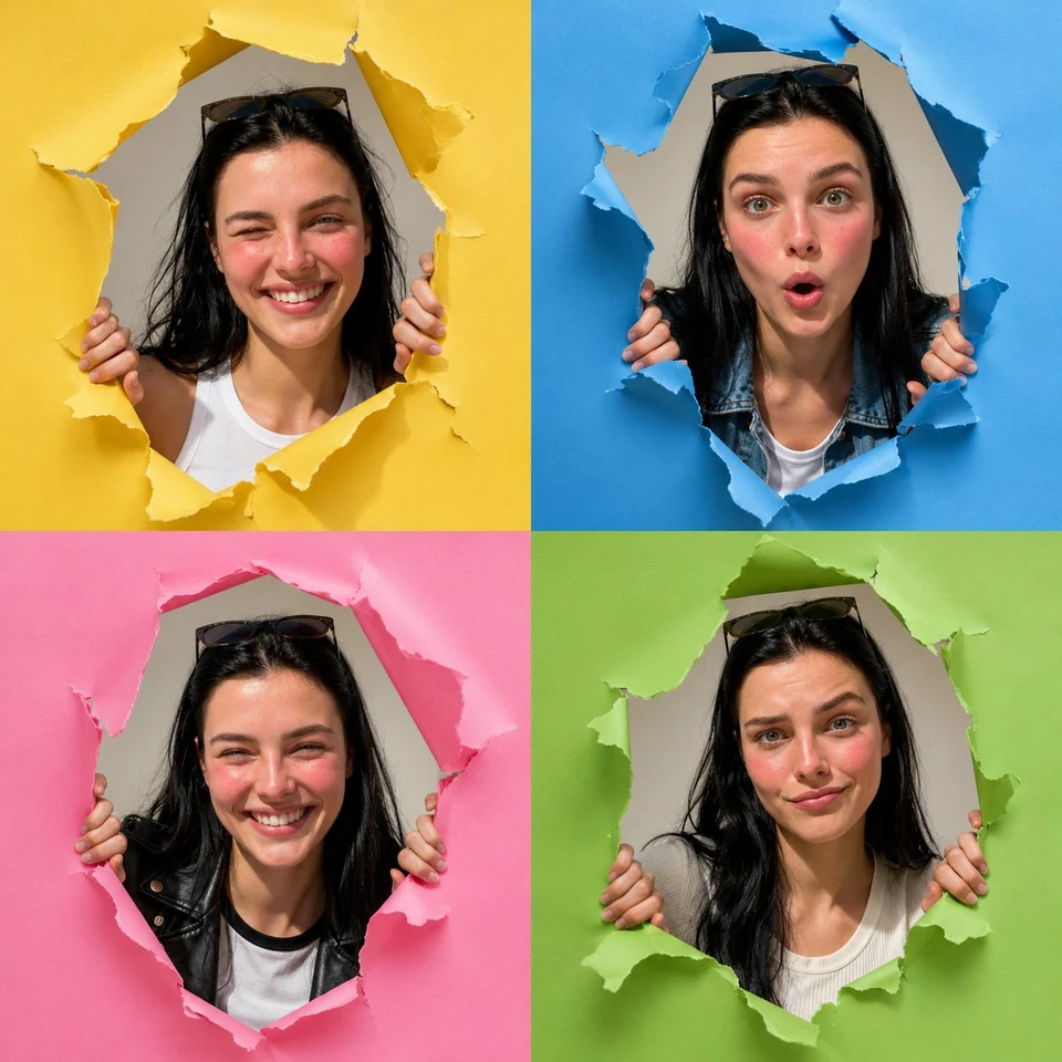 young woman bursting through torn paper grid collage