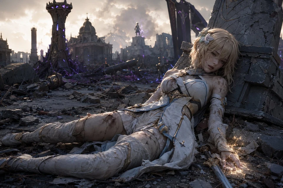 Exhausted blonde warrior woman collapsed on