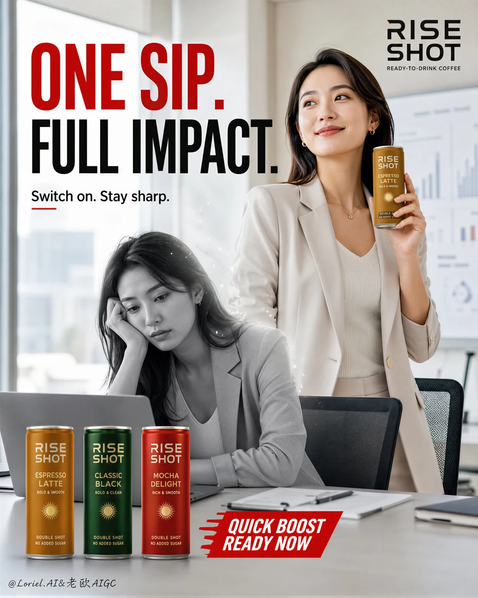 Ready-to-drink coffee can ad with office woman and