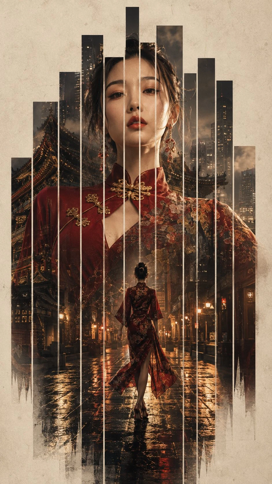 Cinematic Double Exposure Cheongsam Portrait Poster