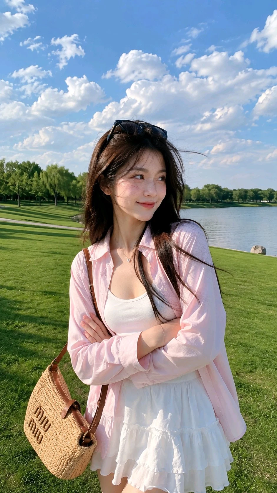 young woman pink shirt straw bag lakeside park