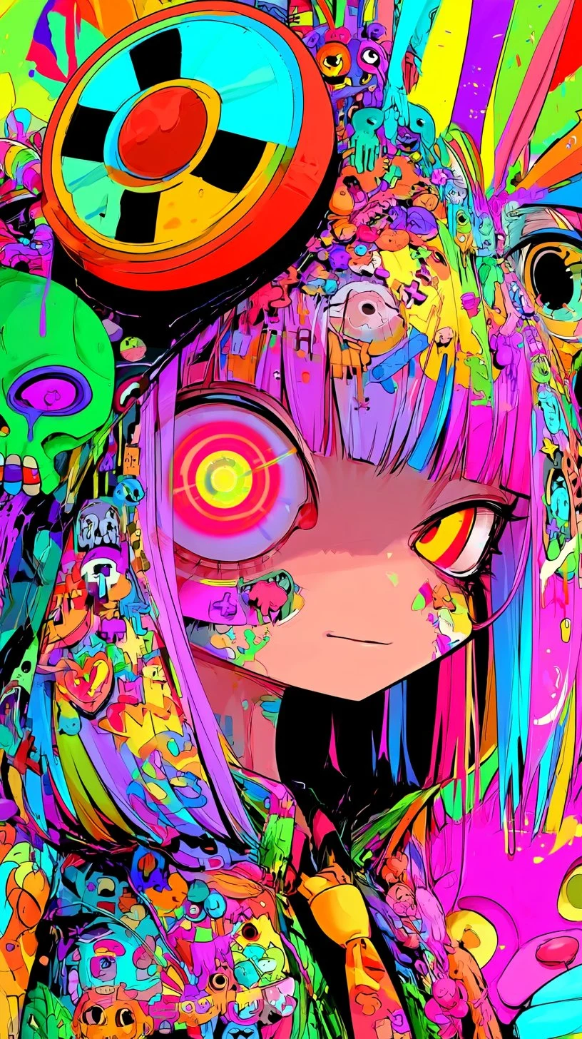 Psychedelic anime girl with rainbow hair and glowing