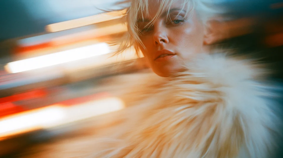 Fashion portrait of a woman in a white fur coat with