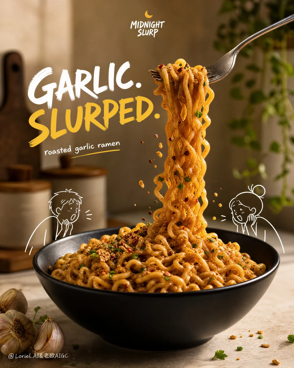 Premium garlic ramen advertising poster with fork
