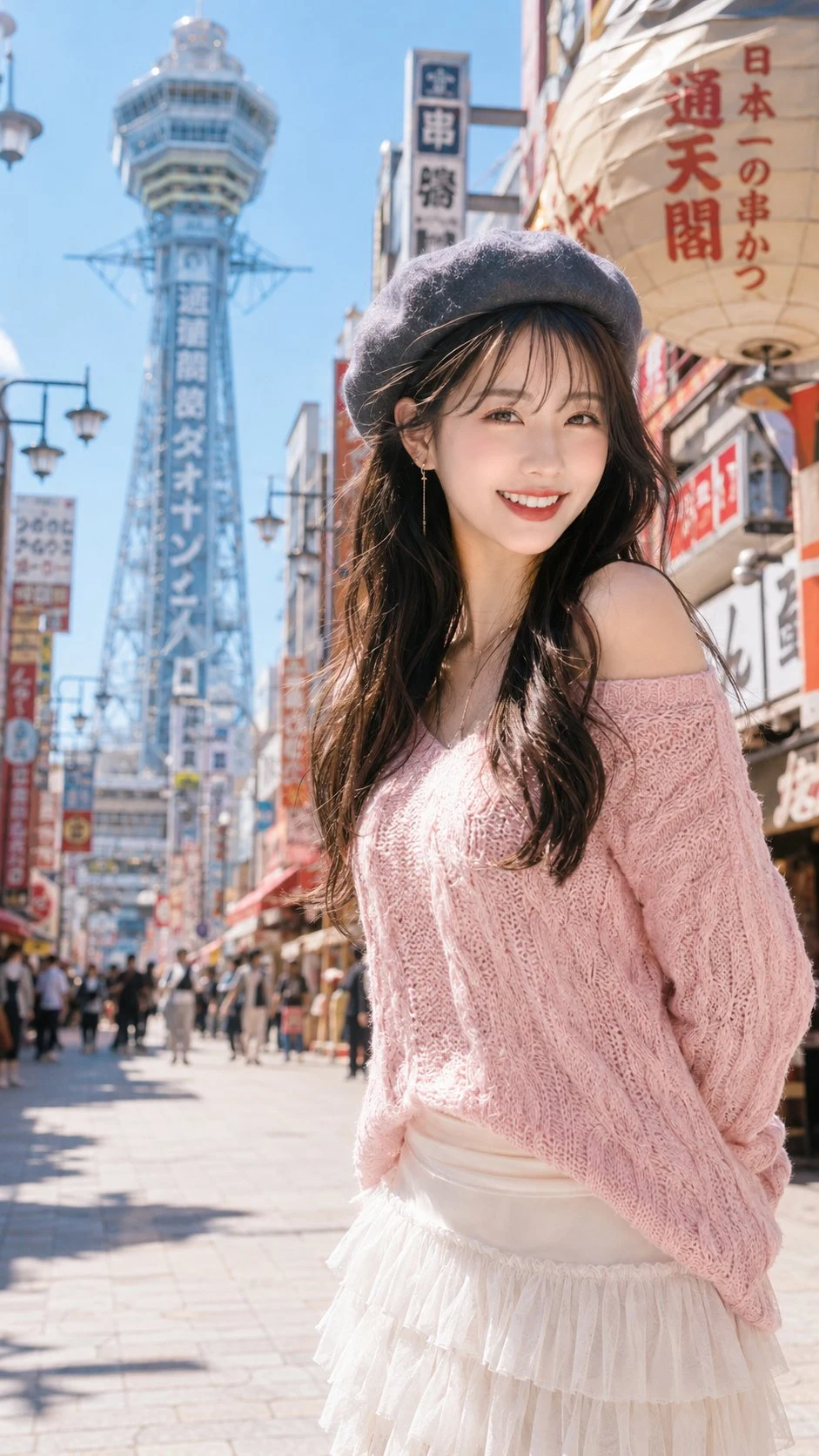Fashion portrait of young woman in Osaka Shinsekai