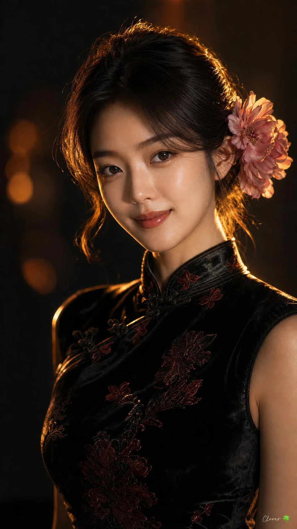 East Asian woman in black velvet qipao with flower
