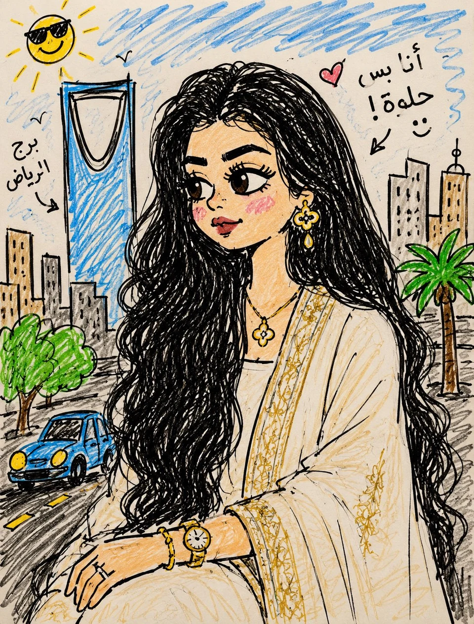 cute doodle girl in Riyadh with tower background