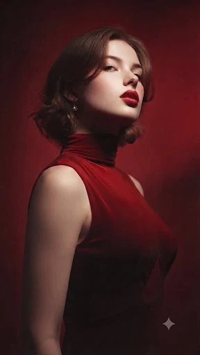 young woman in red velvet dress
