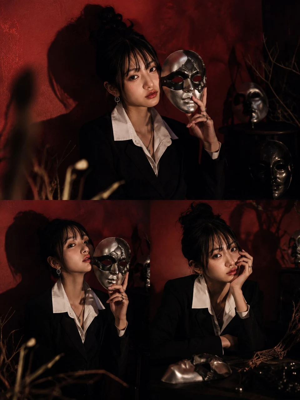 Gothic portrait of young woman holding metallic mask