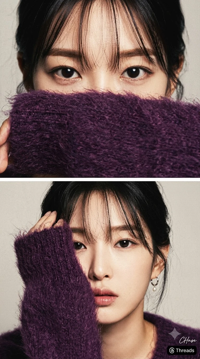 Split-screen portrait of woman hiding in purple