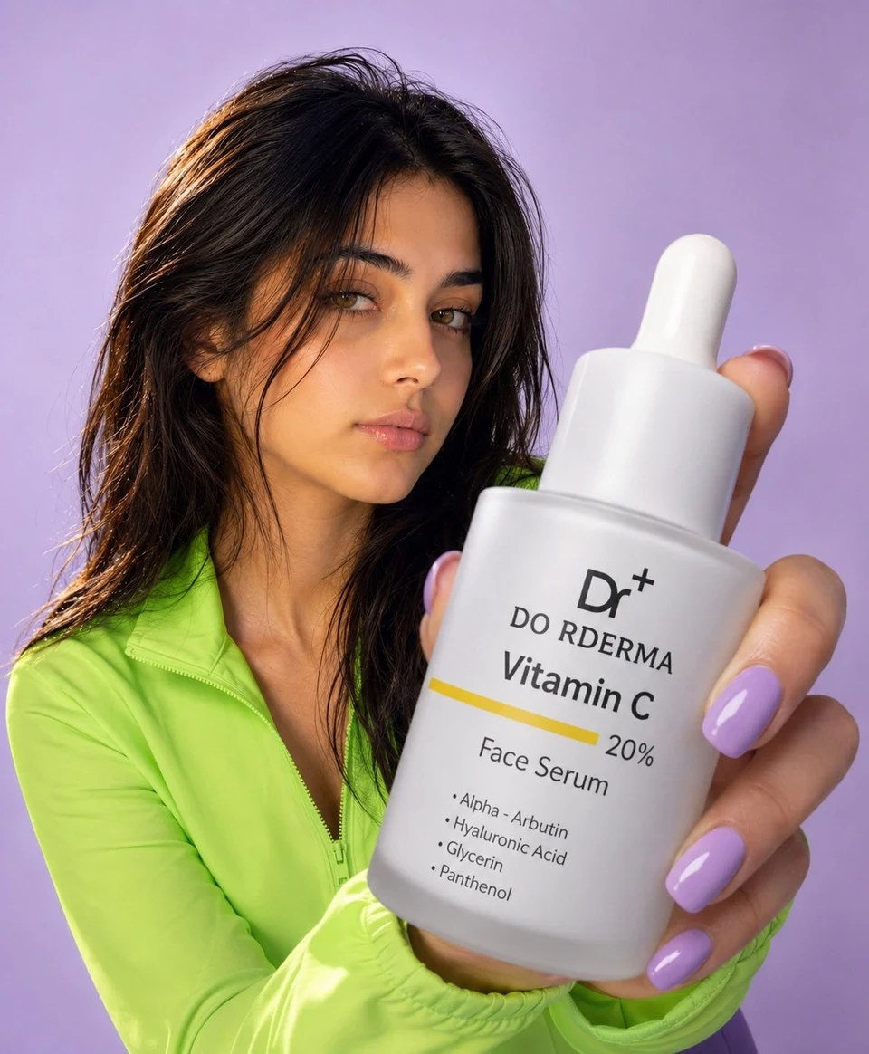 Woman Holding Vitamin C Face Serum Bottle in