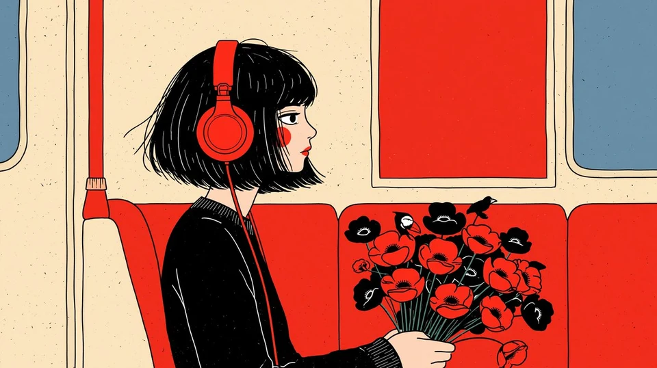 Girl with headphones holding poppies on red bus seat