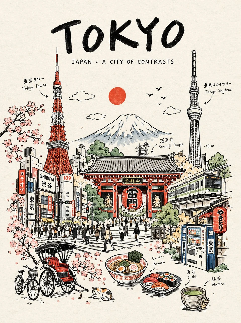 Hand-drawn Tokyo travel poster