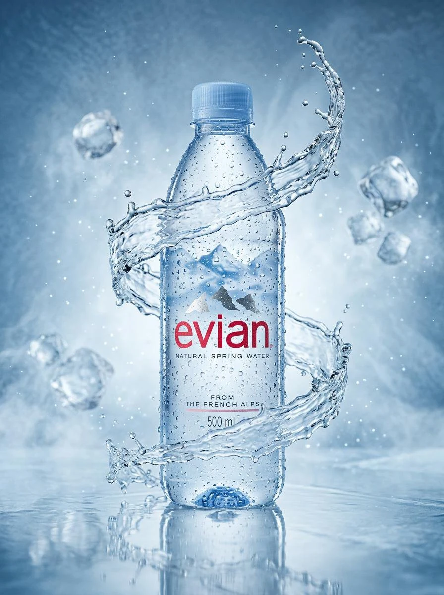 Evian natural spring water bottle with ice splash