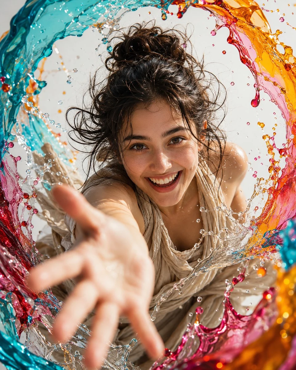 colorful liquid splash portrait woman reaching