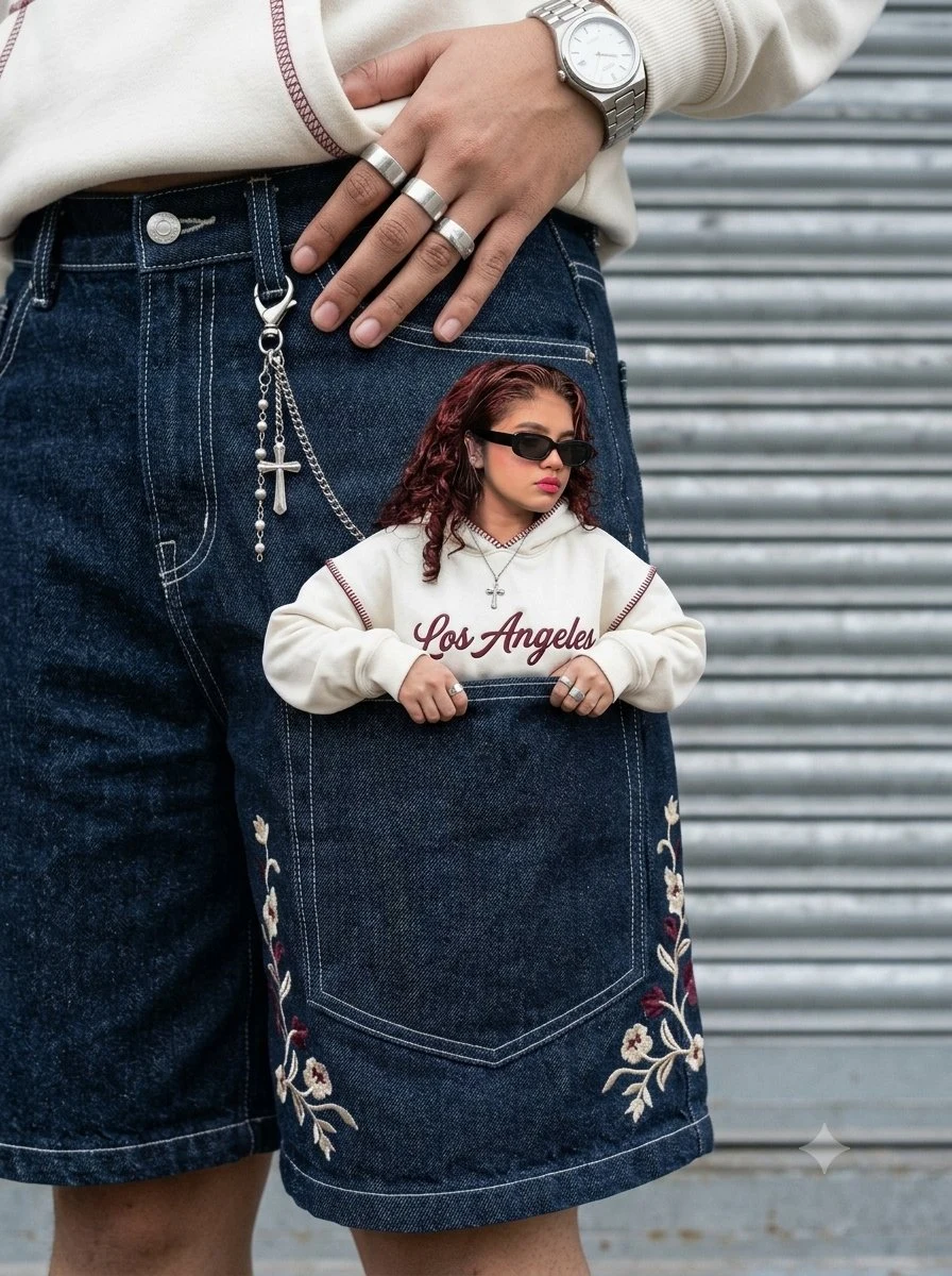 Miniature woman emerging from denim pocket