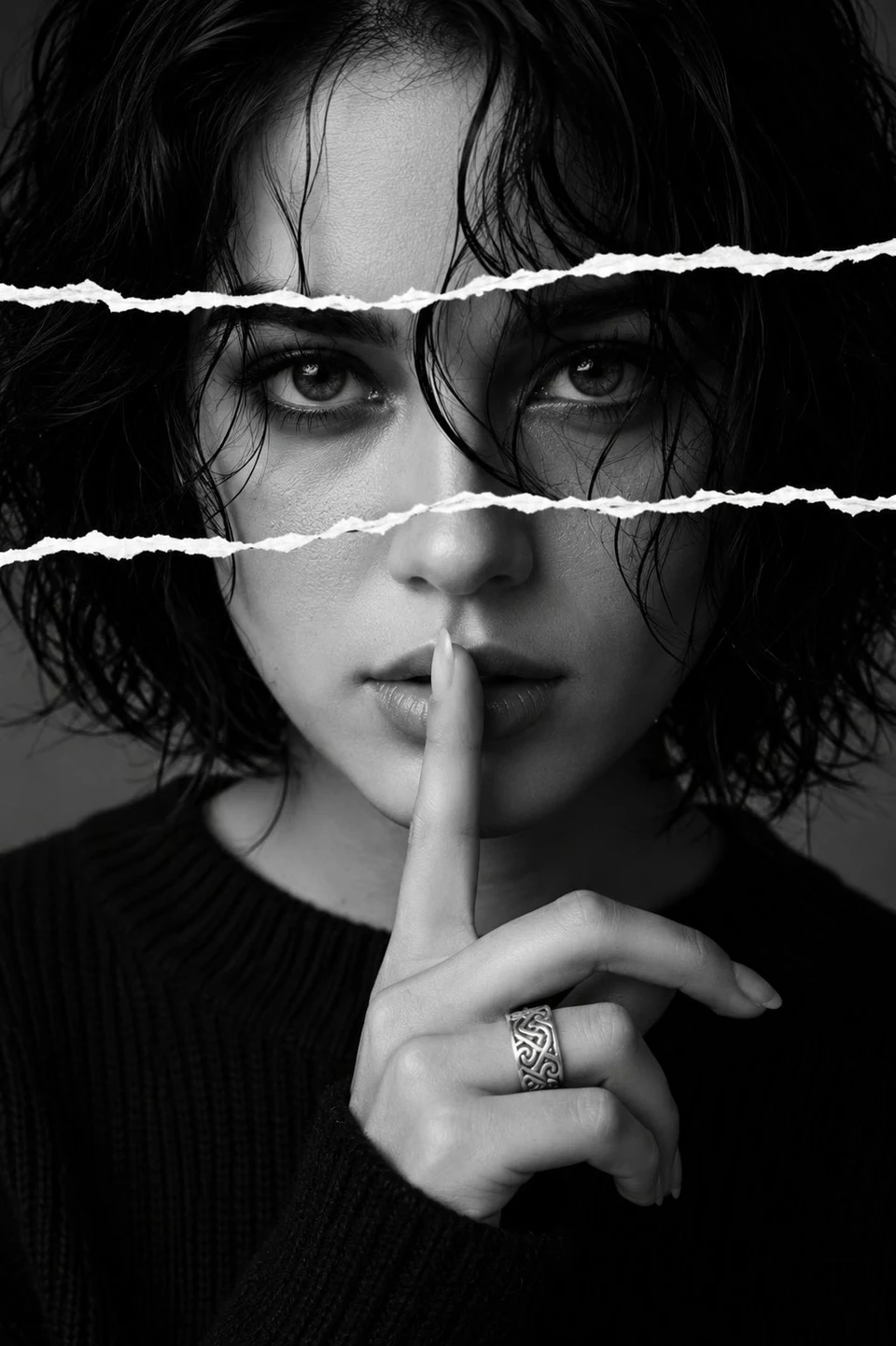 black and white surreal portrait with torn paper