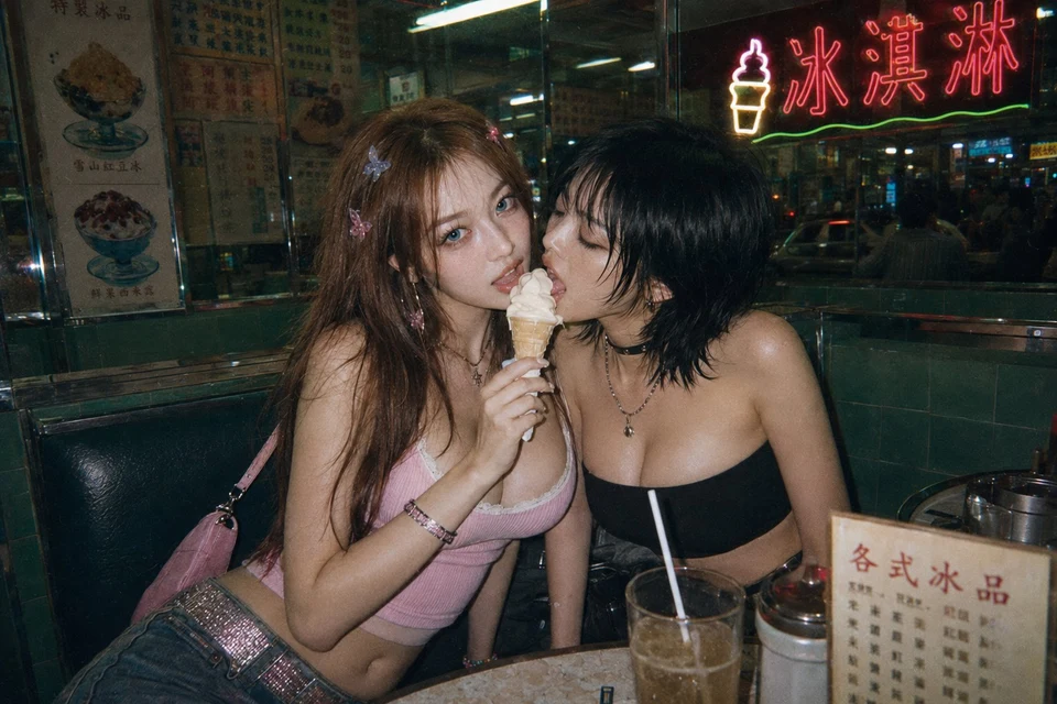Y2K women sharing ice cream in Hong Kong diner