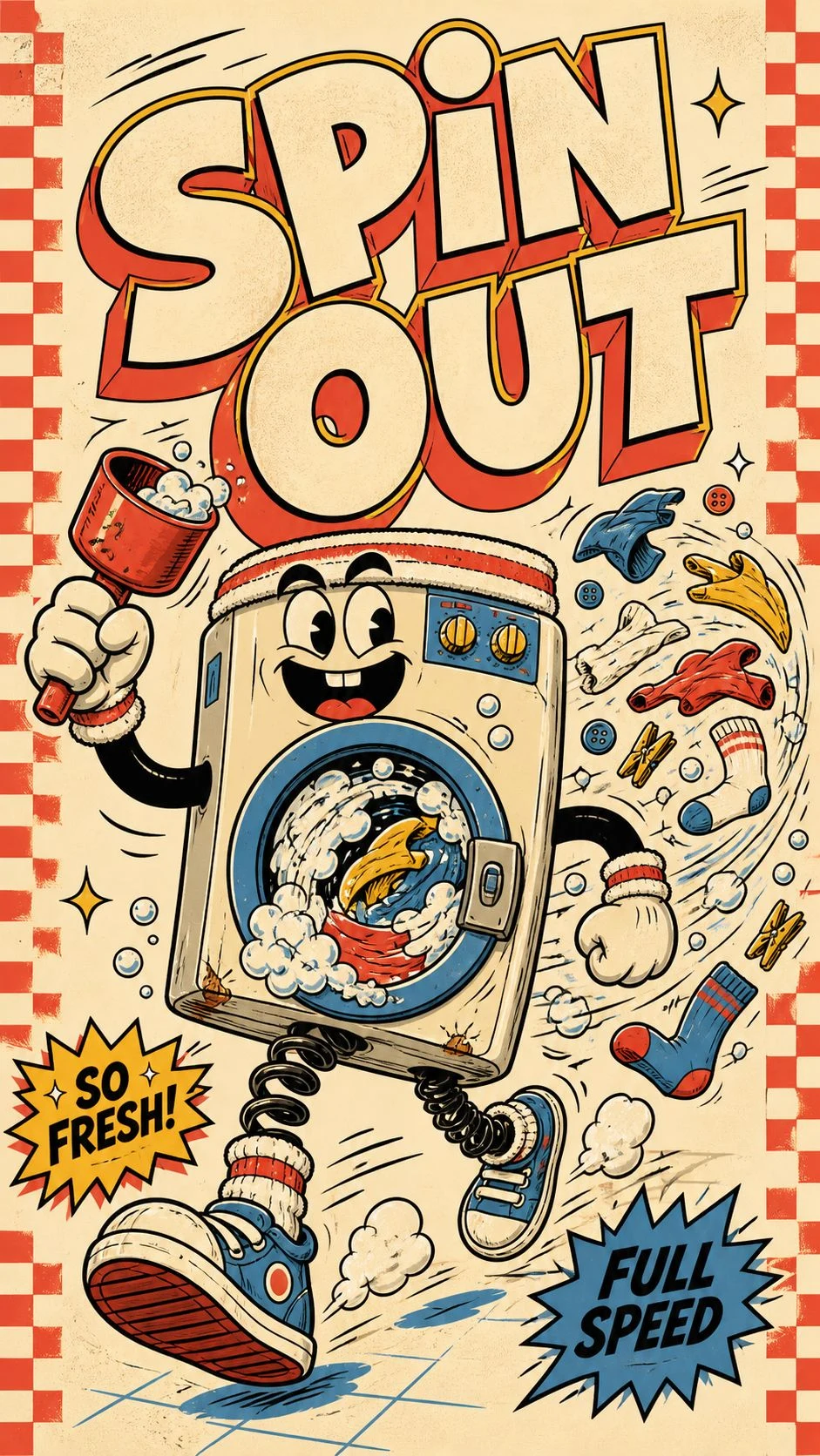 Retro Rubber-Hose Washing Machine Mascot Poster