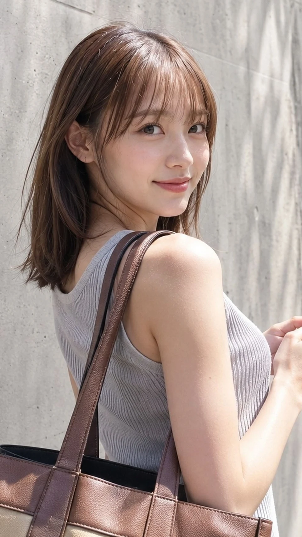 japanese woman walking city street with tote bag