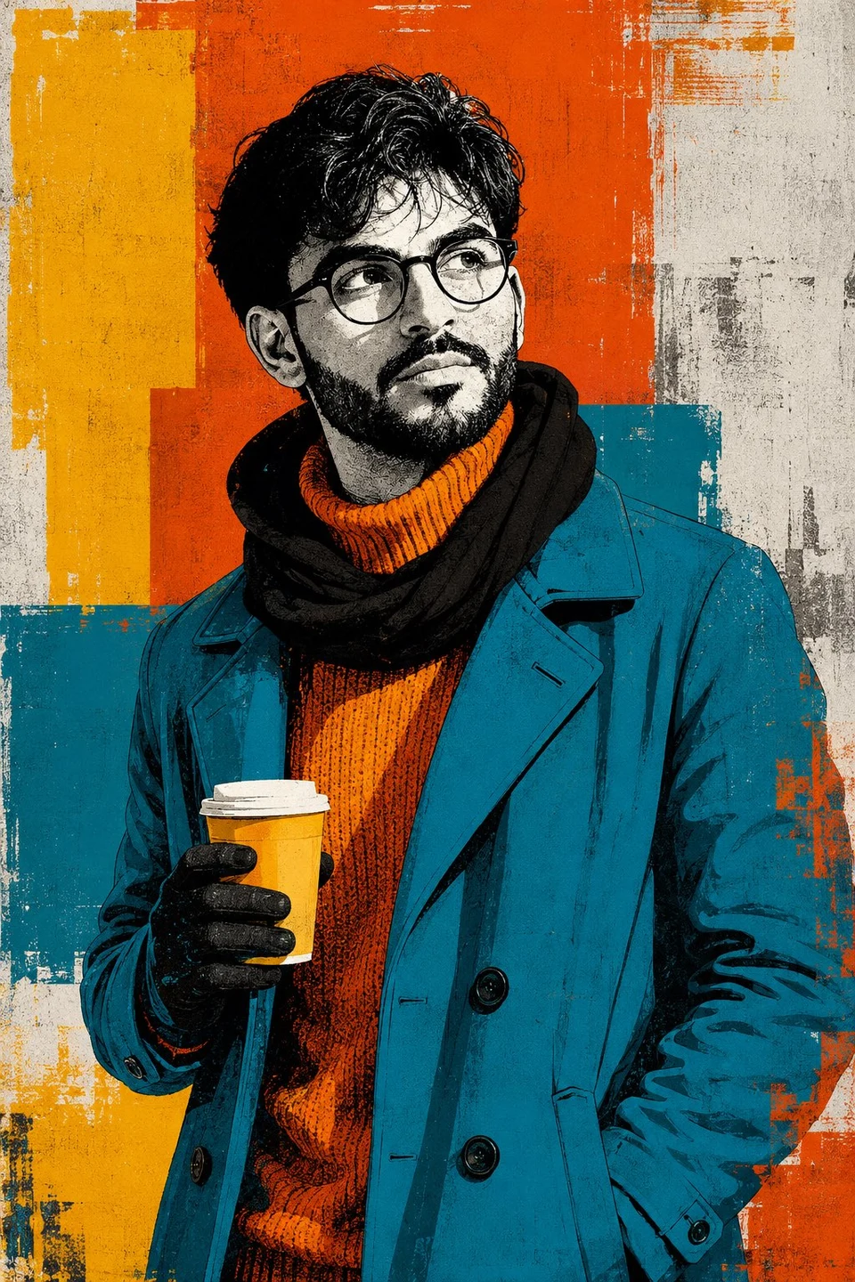 Pop Art Portrait of Stylish Man with Coffee Cup