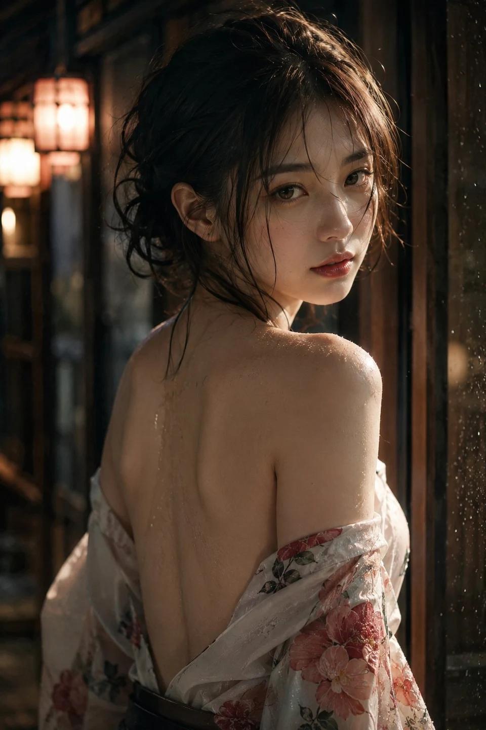 Portrait of an East Asian woman in a floral kimono