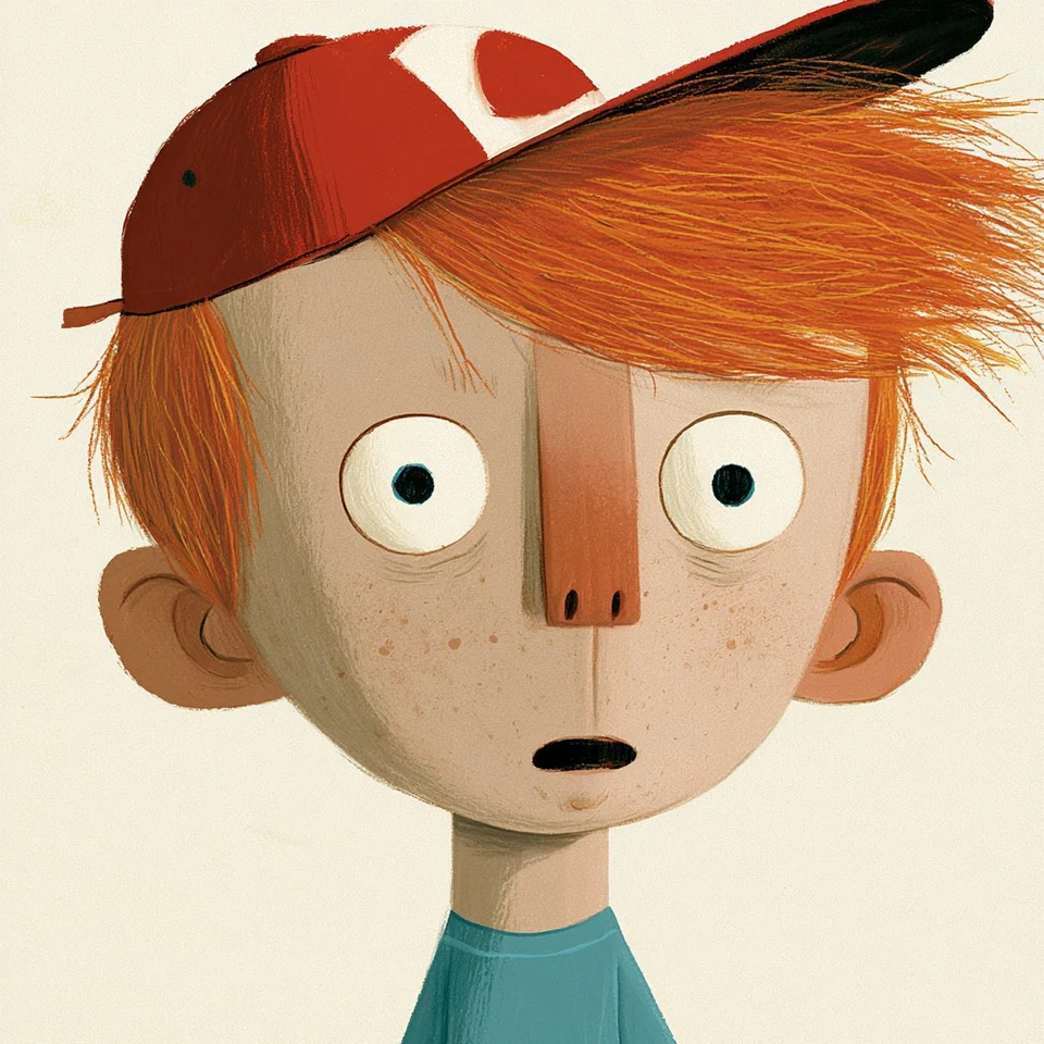 retro cartoon boy with red hair and cap