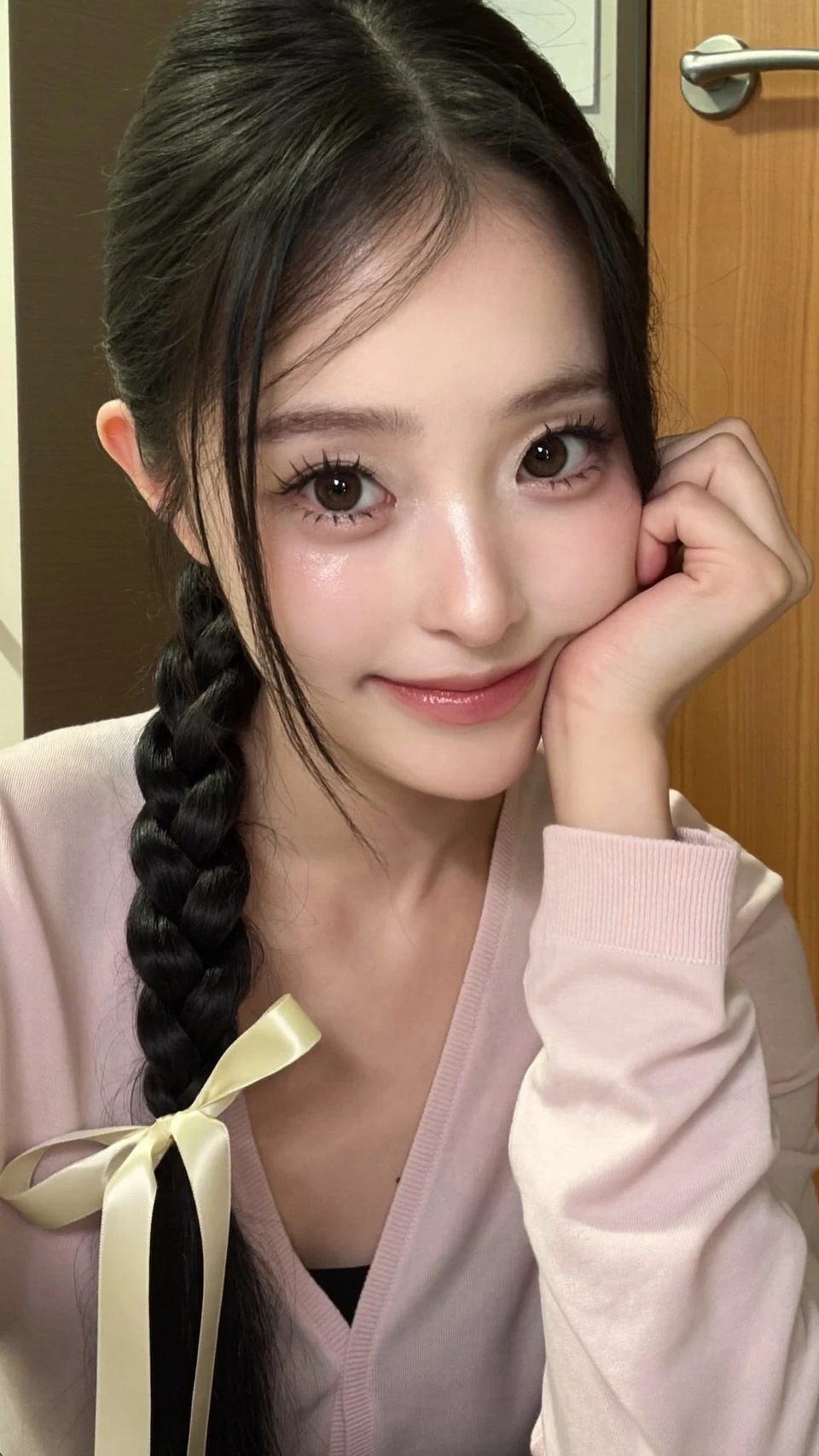 East Asian woman with braid and pink cardigan