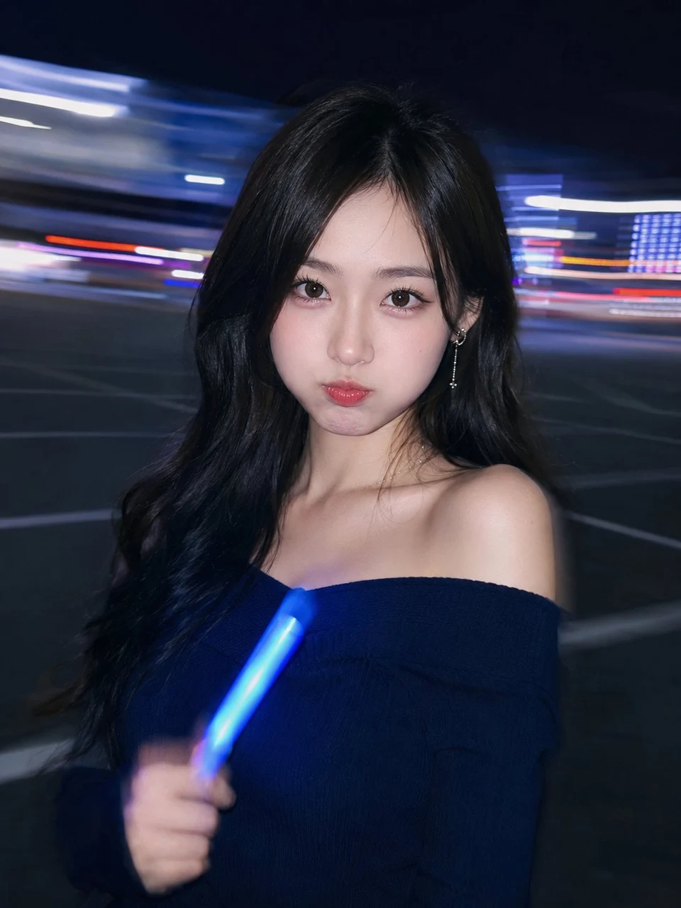 Korean woman holding blue glow stick at night