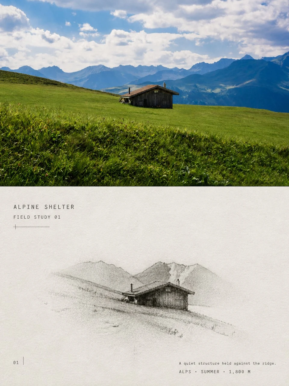 Alpine Shelter Travel Poster with Charcoal Study