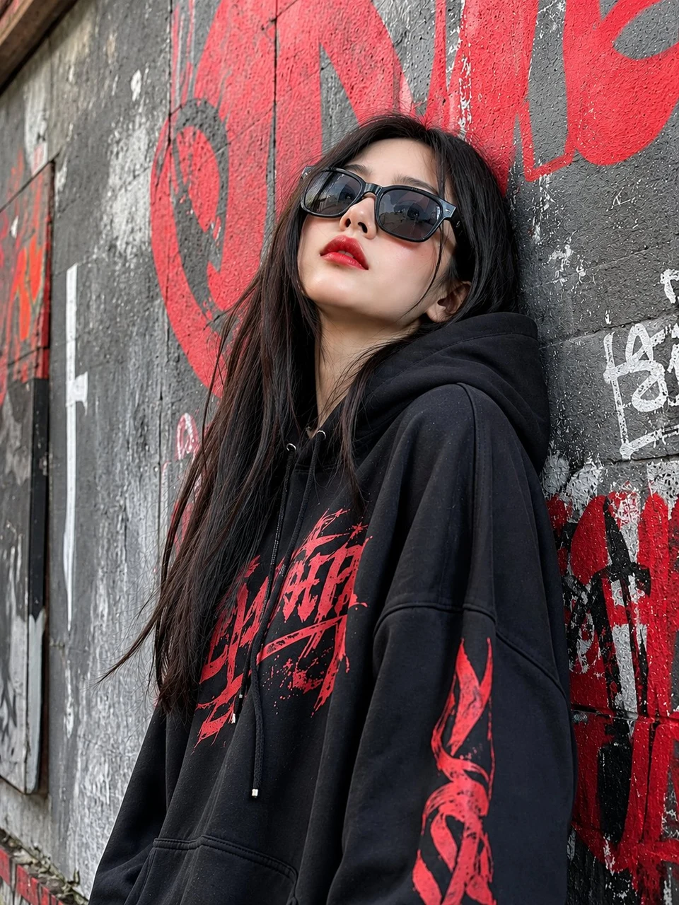 Cinematic Street Fashion Woman Against Graffiti Wall