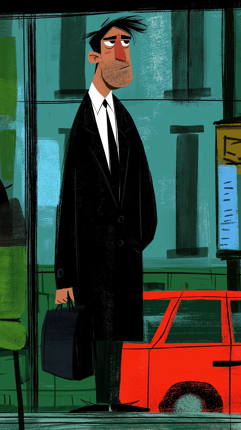 Stylized commuter illustration in muted tones