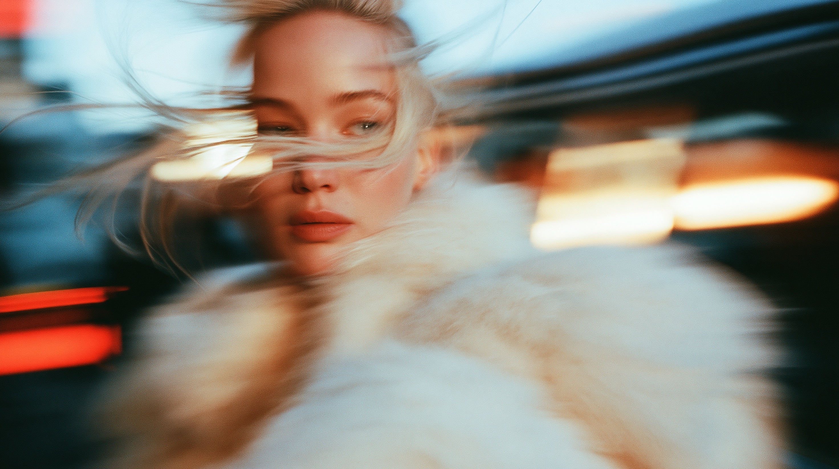 Stylish Woman in White Fur Coat with Motion Blur at