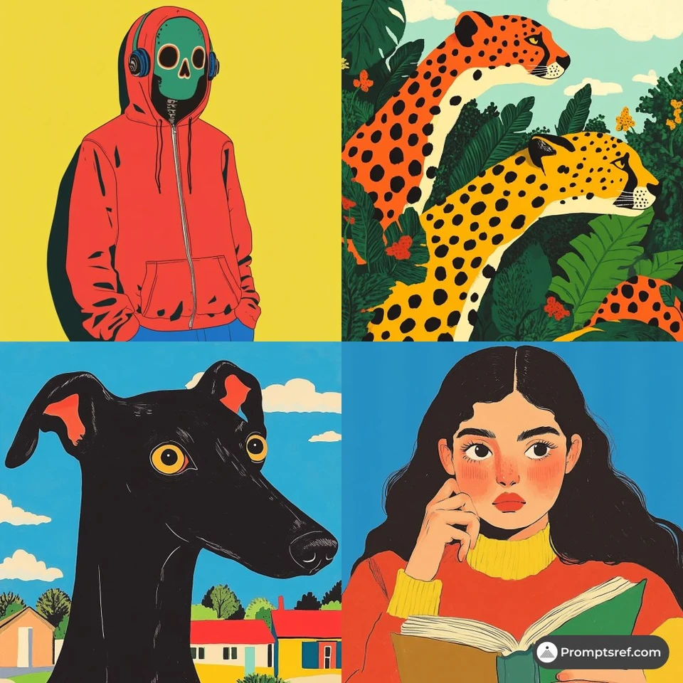 Colorful digital illustration collage of four