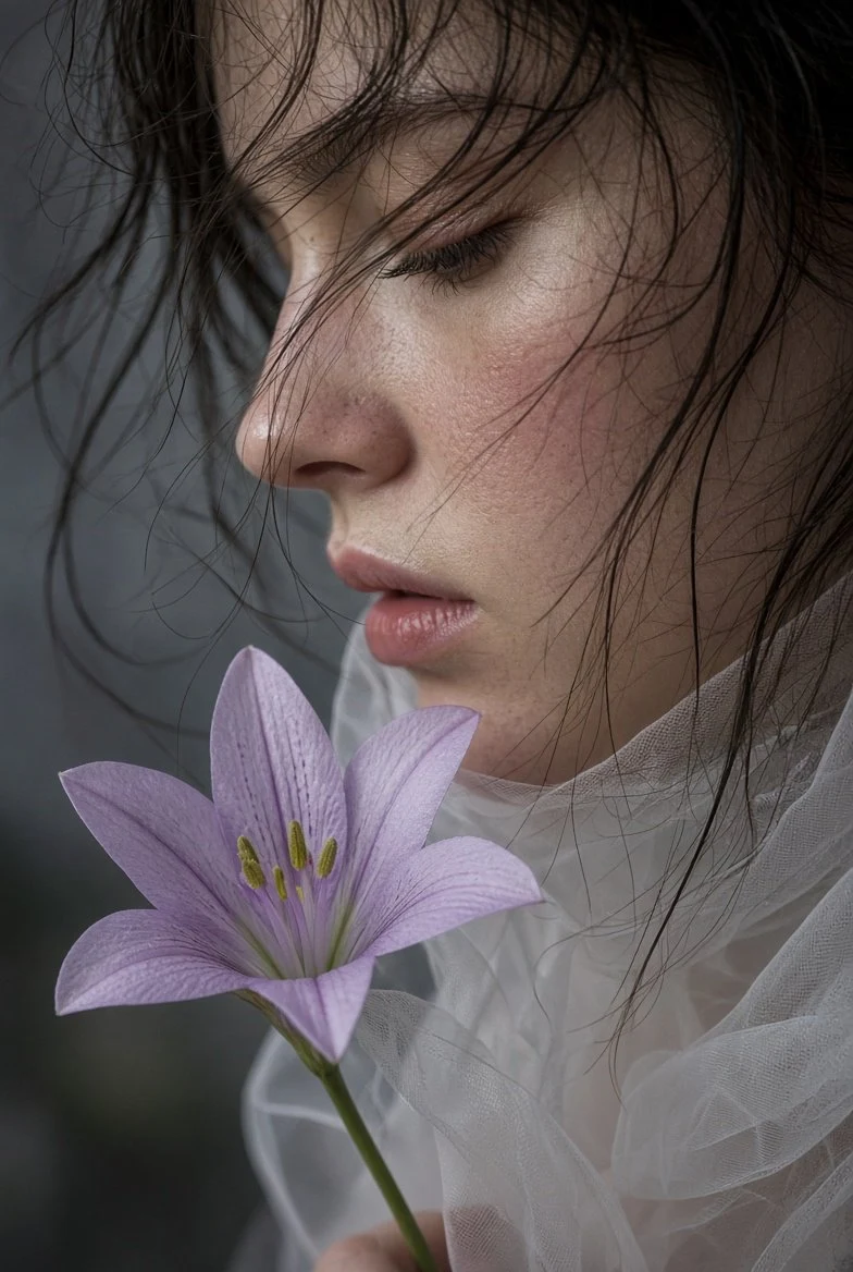 Close-up portrait of woman smelling purple lily