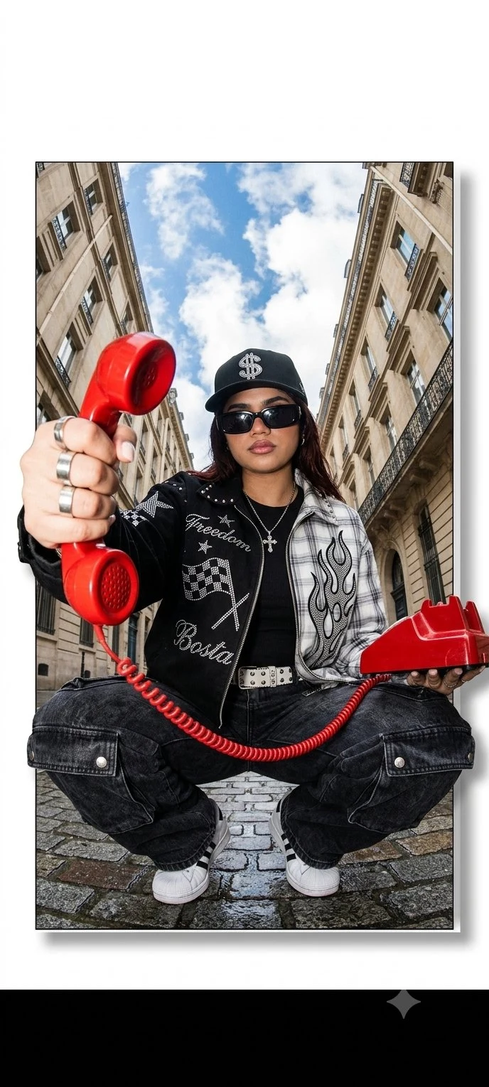Editorial fashion campaign portrait with red rotary