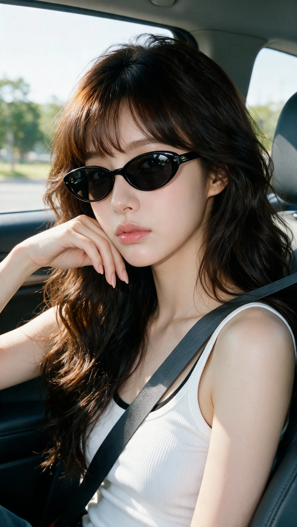 Young east asian woman with sunglasses in car