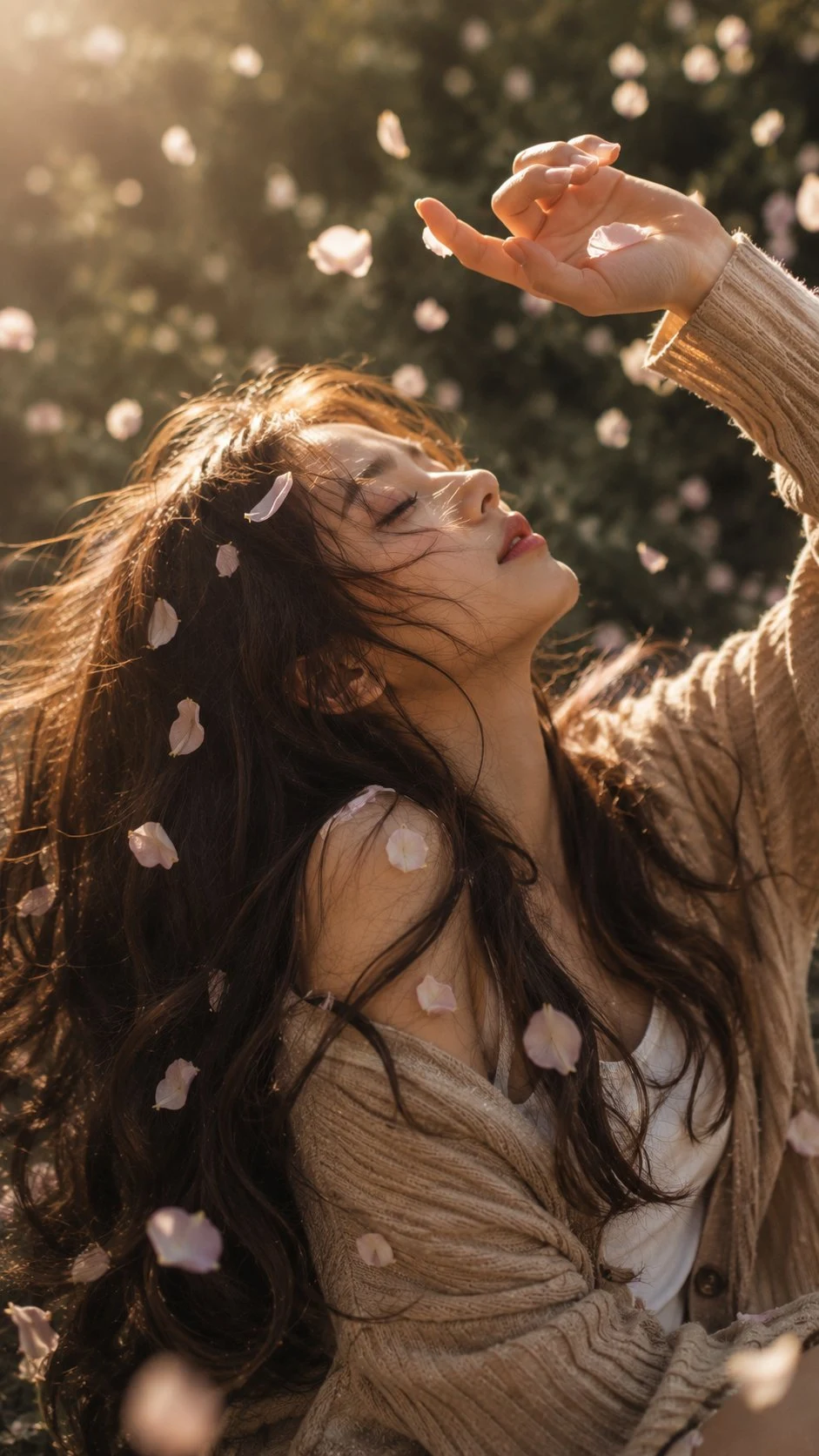 Dreamy Portrait Woman Reaching for Floating Petals
