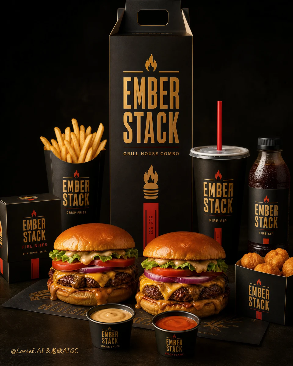 Premium Ember Stack Burger Meal Packaging Poster