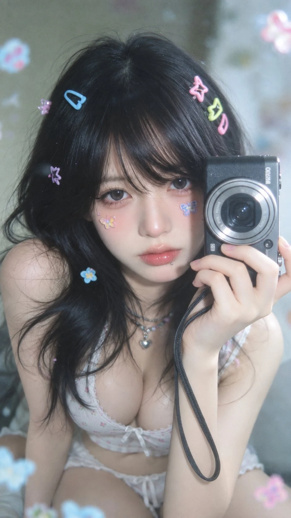 Mirror selfie portrait of young woman with black